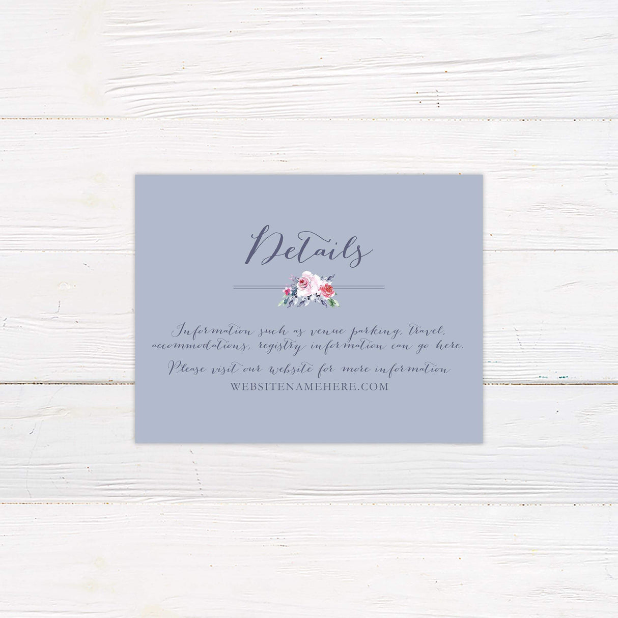 Wedding detail card featuring coordinating floral and elegant serif and script font layout.