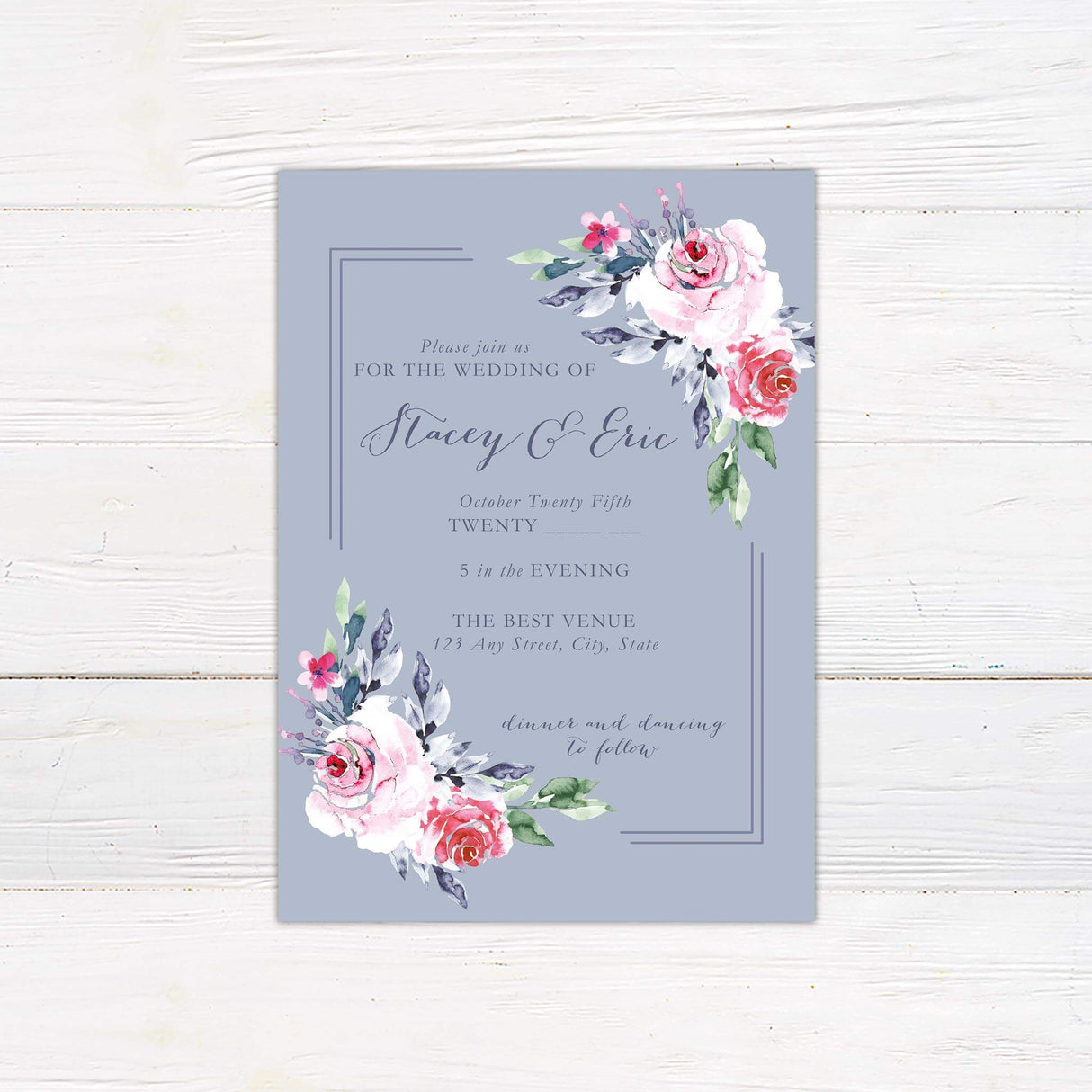 Wedding invitation with watercolor pink and red roses, greenery, and script text on a dusty periwinkle blue background.