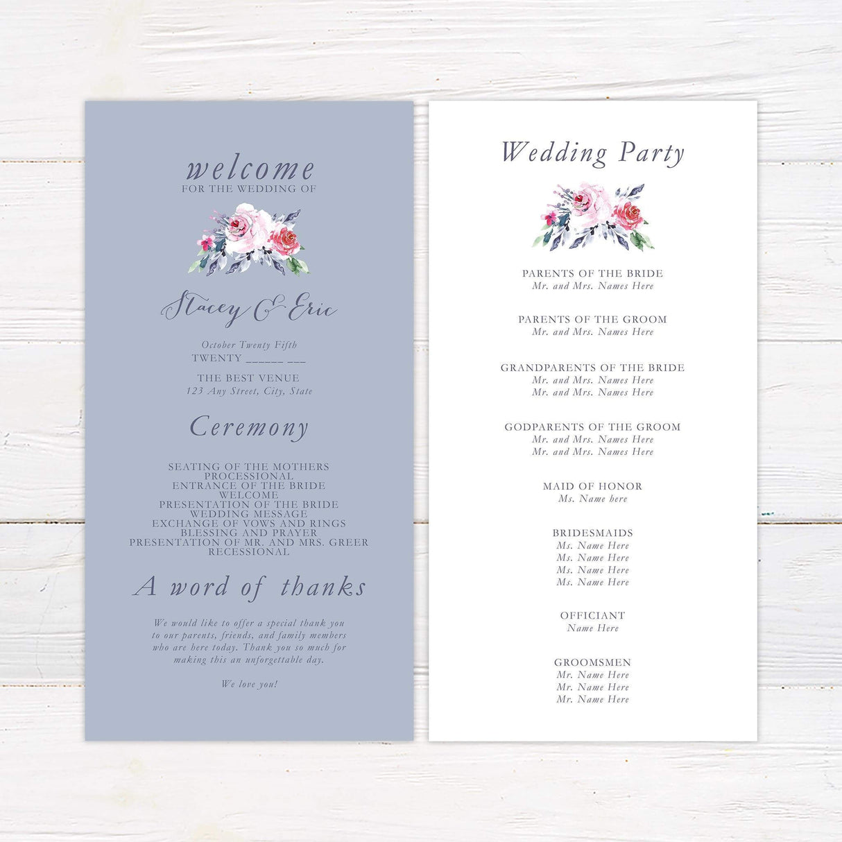 Wedding program with soft periwinkle blue background and watercolor rose clusters in opposing corners.