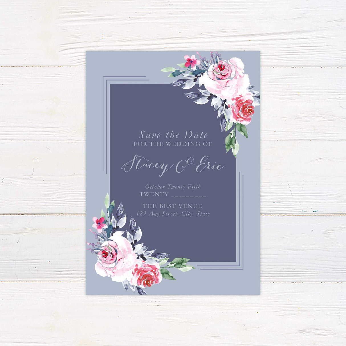 Save the date card with periwinkle background, floral artwork, and classic wedding script fonts.