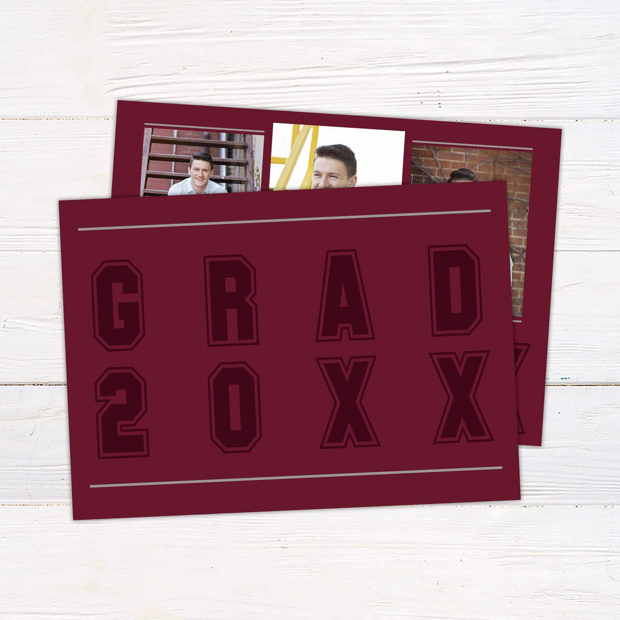 Bold and modern graduation invitation featuring three photos in a structured layout with a strong color block background. The graduate’s name and class year are prominently displayed in bold typography. The invitation’s color scheme is fully customizable to match the graduate’s school colors. Ideal for celebrating this milestone with friends and family. The back of the invitation is a full portrait with the graduation year at the bottom. Back Red.