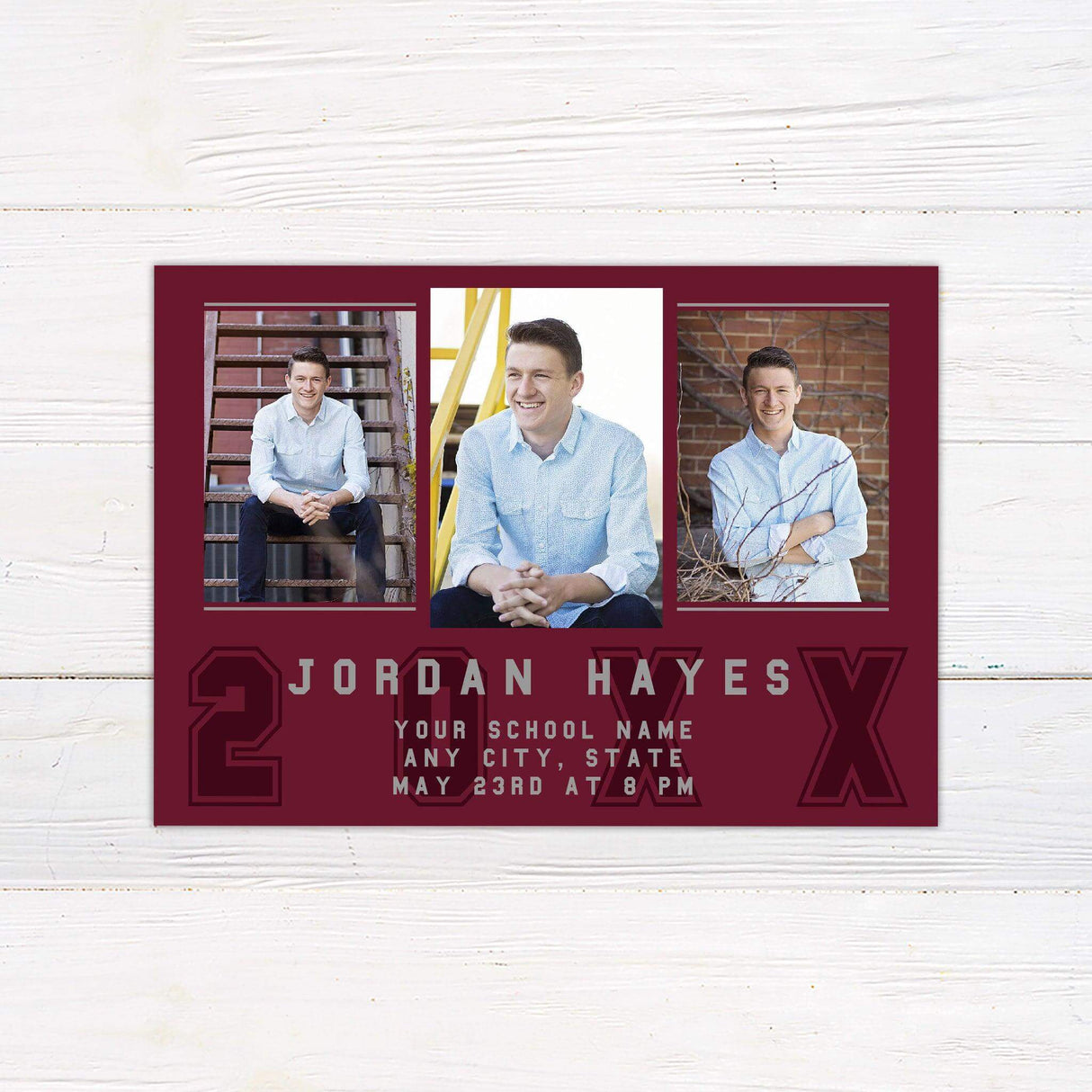 Bold and modern graduation invitation featuring three photos in a structured layout with a strong color block background. The graduate’s name and class year are prominently displayed in bold typography. The invitation’s color scheme is fully customizable to match the graduate’s school colors. Ideal for celebrating this milestone with friends and family. The back of the invitation is a full portrait with the graduation year at the bottom. Red.