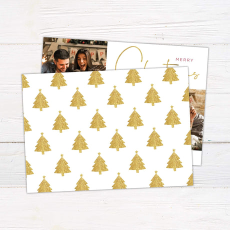 Modern family Christmas photo card with three-photo collage, gold “Merry Christmas” script, and a holiday greeting for a warm and stylish seasonal message. back side