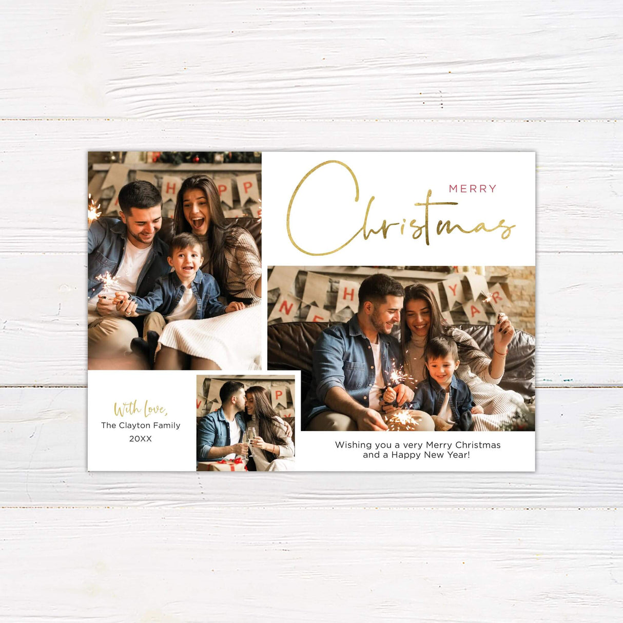 Modern family Christmas photo card with three-photo collage, gold “Merry Christmas” script, and a holiday greeting for a warm and stylish seasonal message.