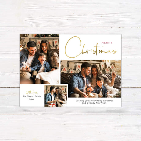 Modern family Christmas photo card with three-photo collage, gold “Merry Christmas” script, and a holiday greeting for a warm and stylish seasonal message.