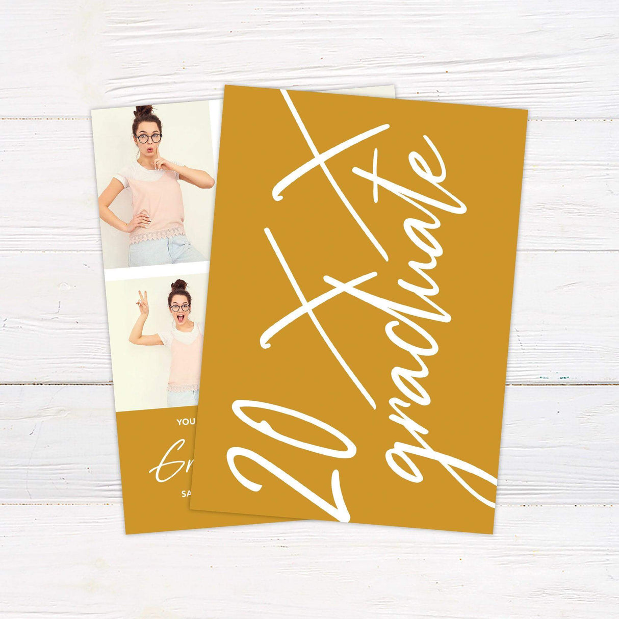 A modern graduation invitation featuring a four-photo collage on the top half and event details on the bottom half with a customizable color block background. Back Gold.