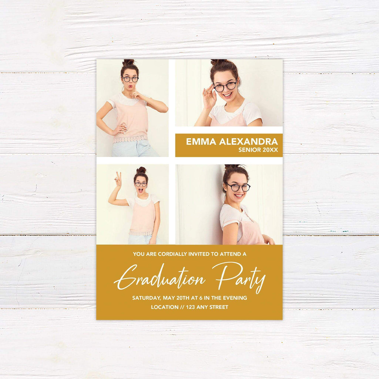 A modern graduation invitation featuring a four-photo collage on the top half and event details on the bottom half with a customizable color block background. Gold.