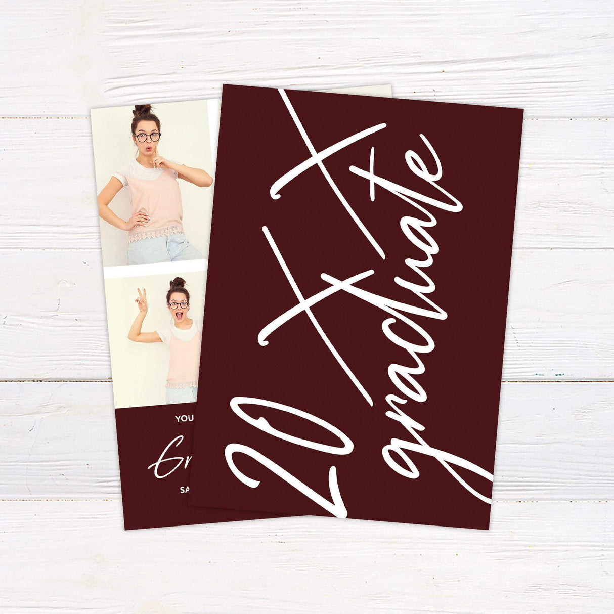 A modern graduation invitation featuring a four-photo collage on the top half and event details on the bottom half with a customizable color block background. Back Maroon.