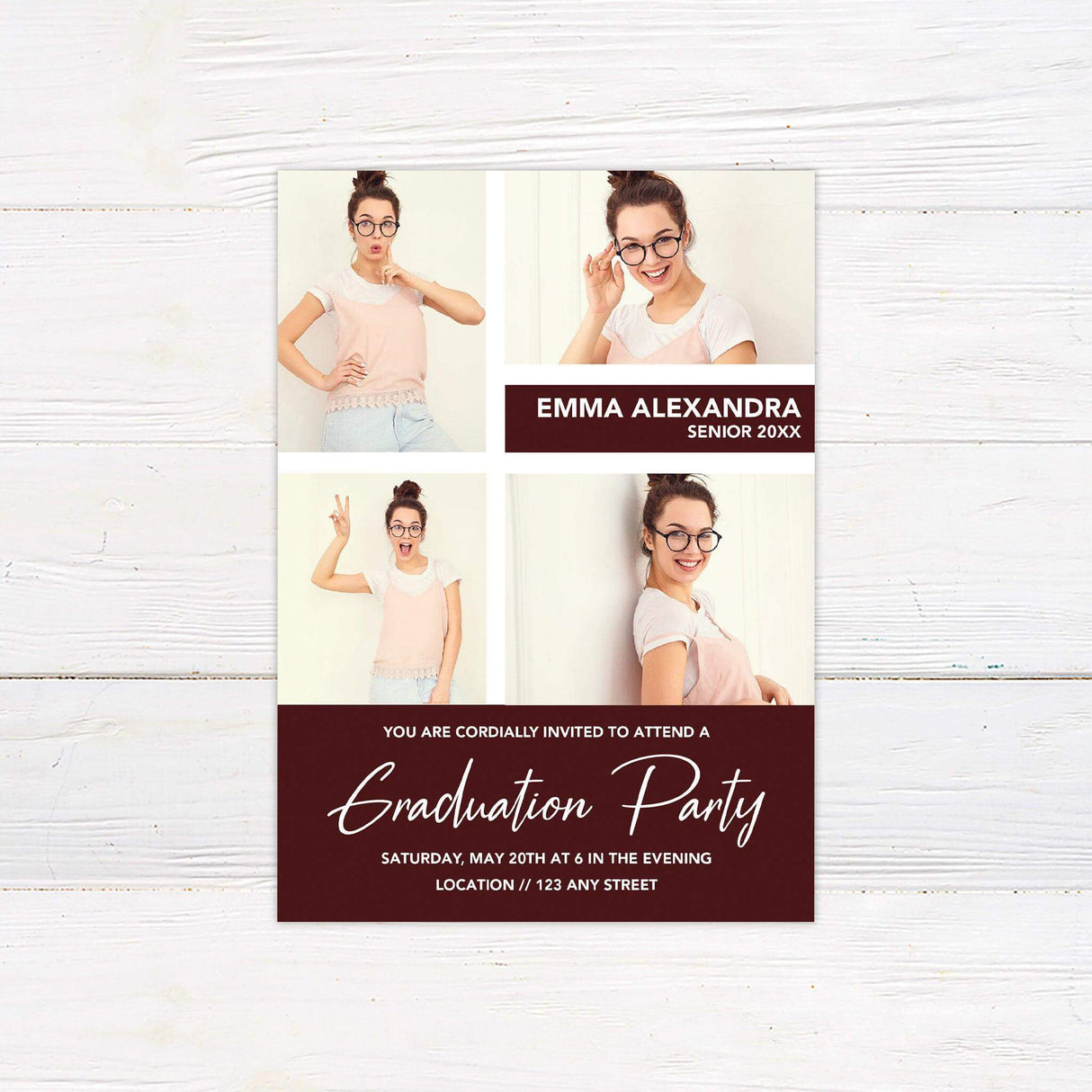A modern graduation invitation featuring a four-photo collage on the top half and event details on the bottom half with a customizable color block background. Maroon.