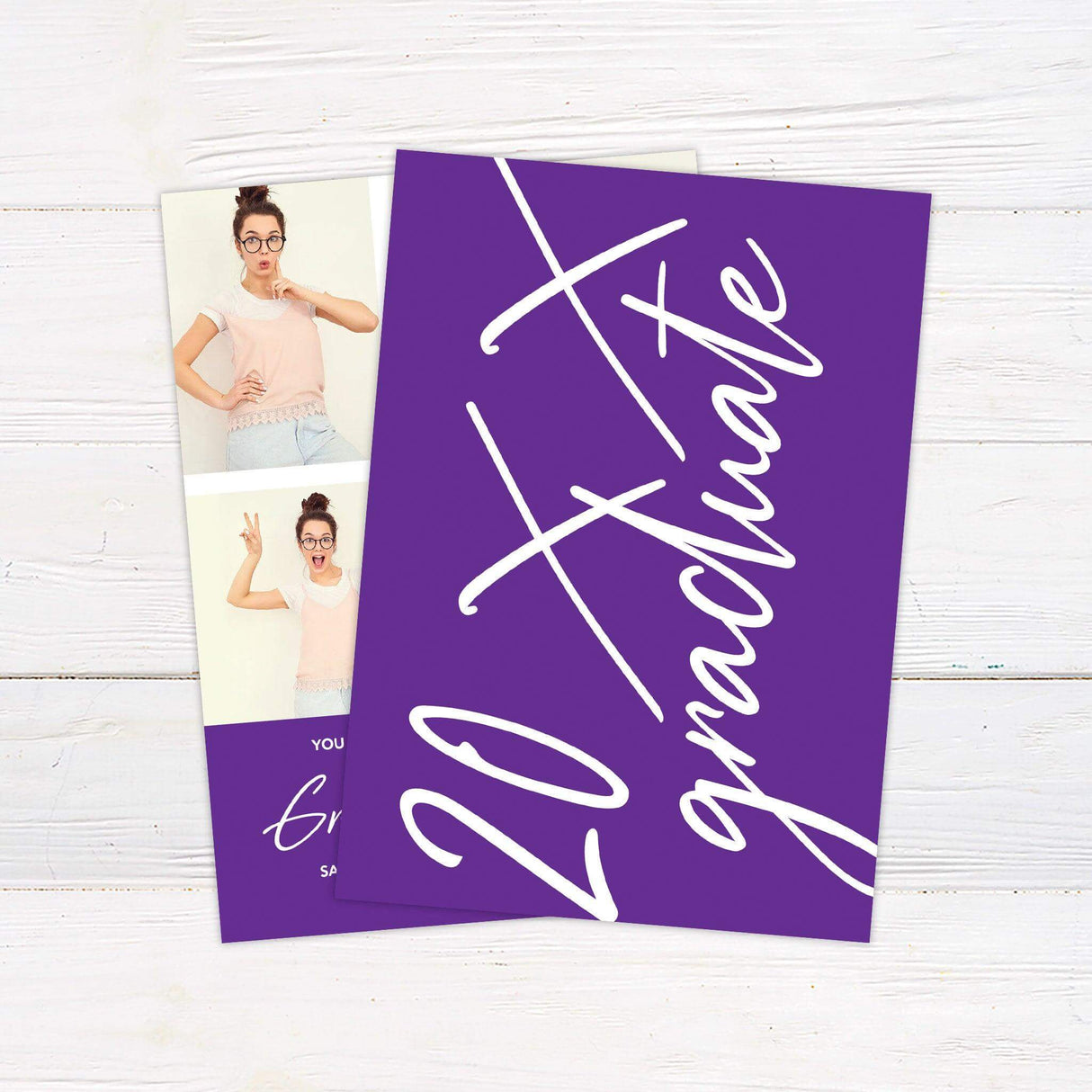 A modern graduation invitation featuring a four-photo collage on the top half and event details on the bottom half with a customizable color block background. Back Purple.