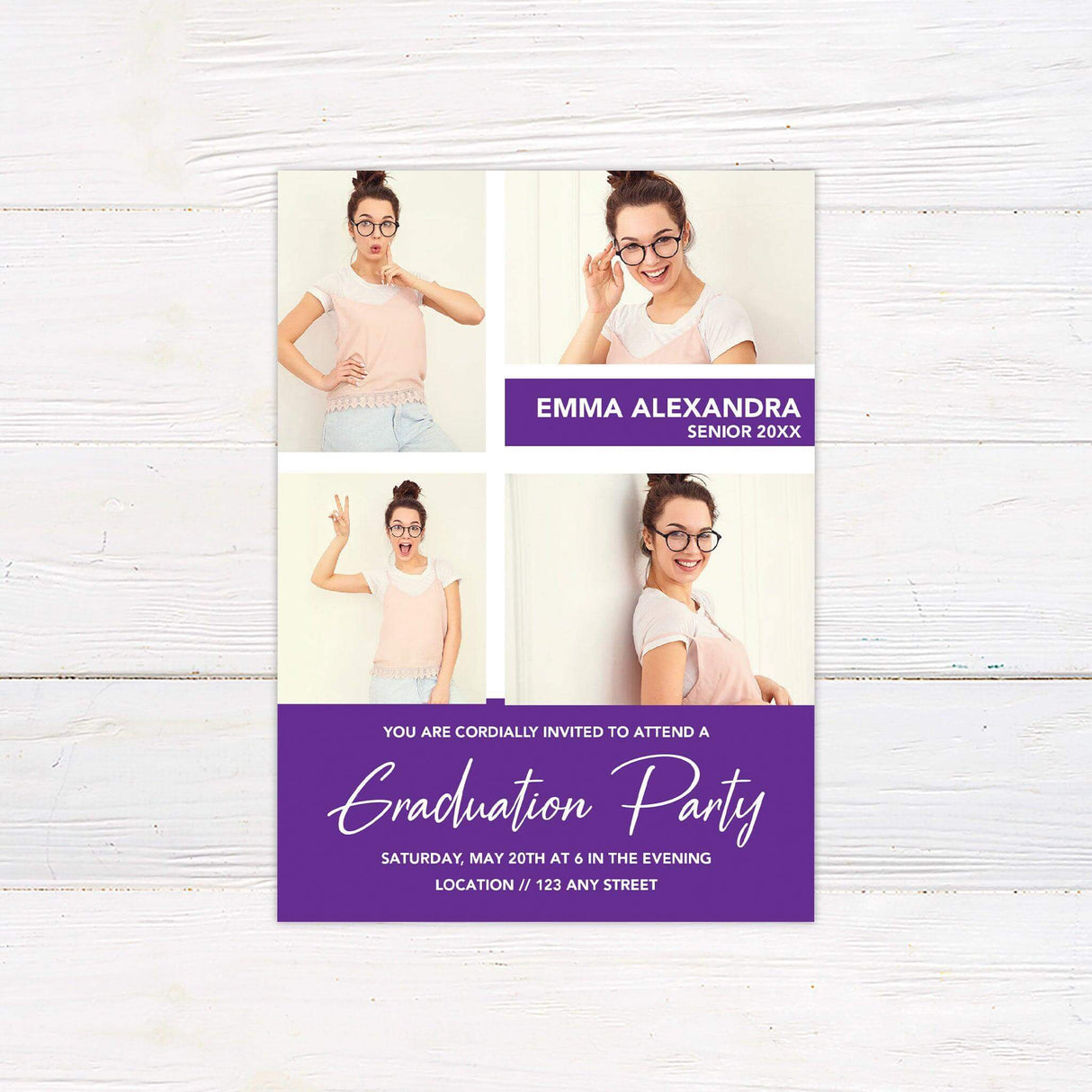 A modern graduation invitation featuring a four-photo collage on the top half and event details on the bottom half with a customizable color block background. Purple.