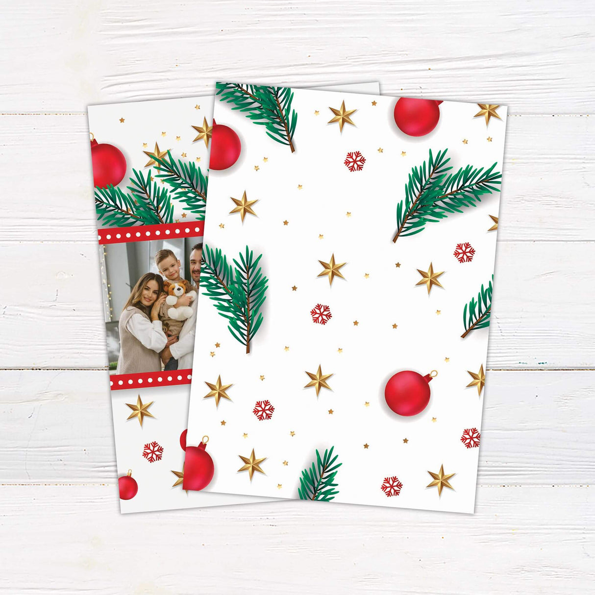 A Christmas card design with two photo frames bordered in red, decorated with festive ornaments, stars, and pine branches. The design allows multiple photos to be featured. - back.