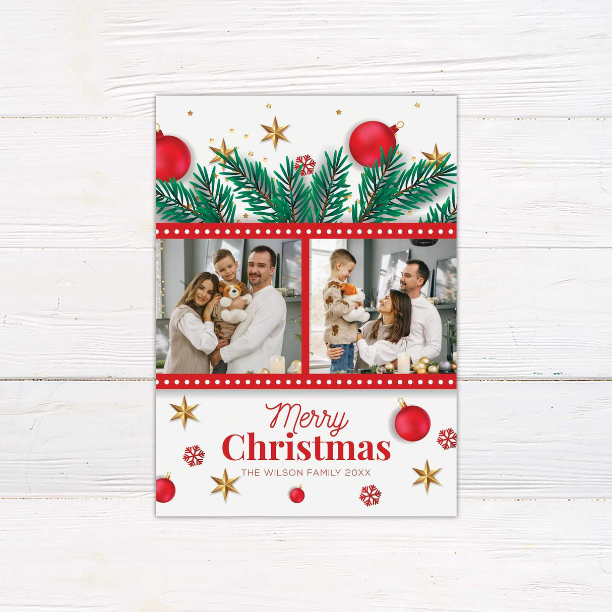 A Christmas card design with two photo frames bordered in red, decorated with festive ornaments, stars, and pine branches. The design allows multiple photos to be featured.