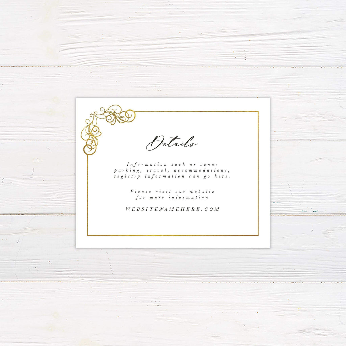 Wedding detail card with matching minimalist white and gold theme and modern serif layout.