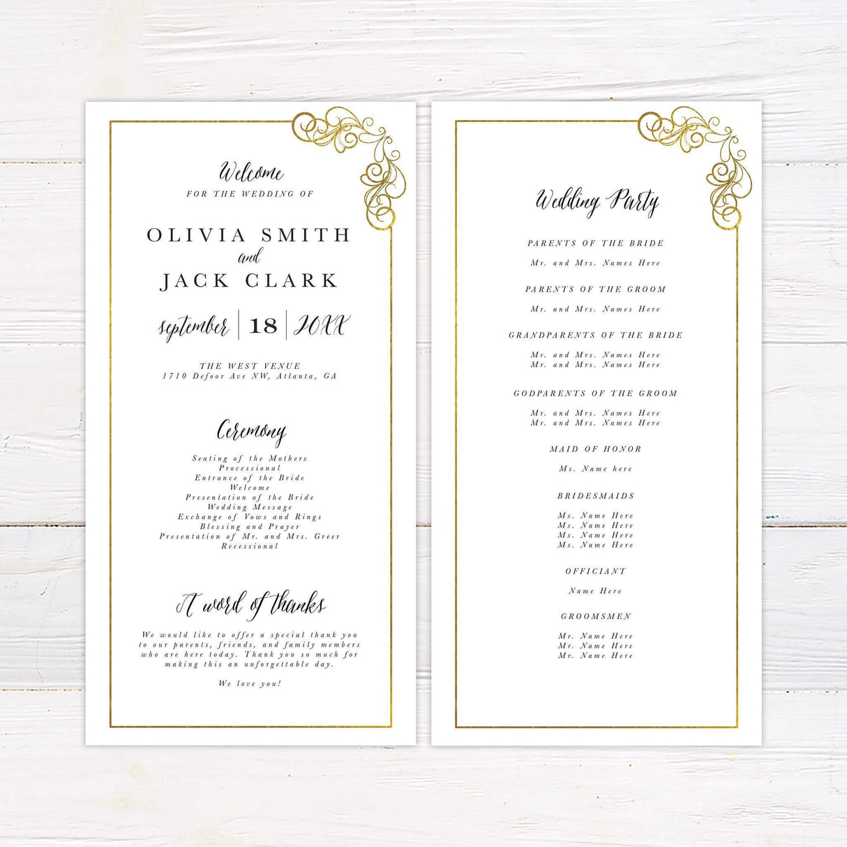 Wedding program featuring matching gold frame detail and elegant combination of script and serif fonts.