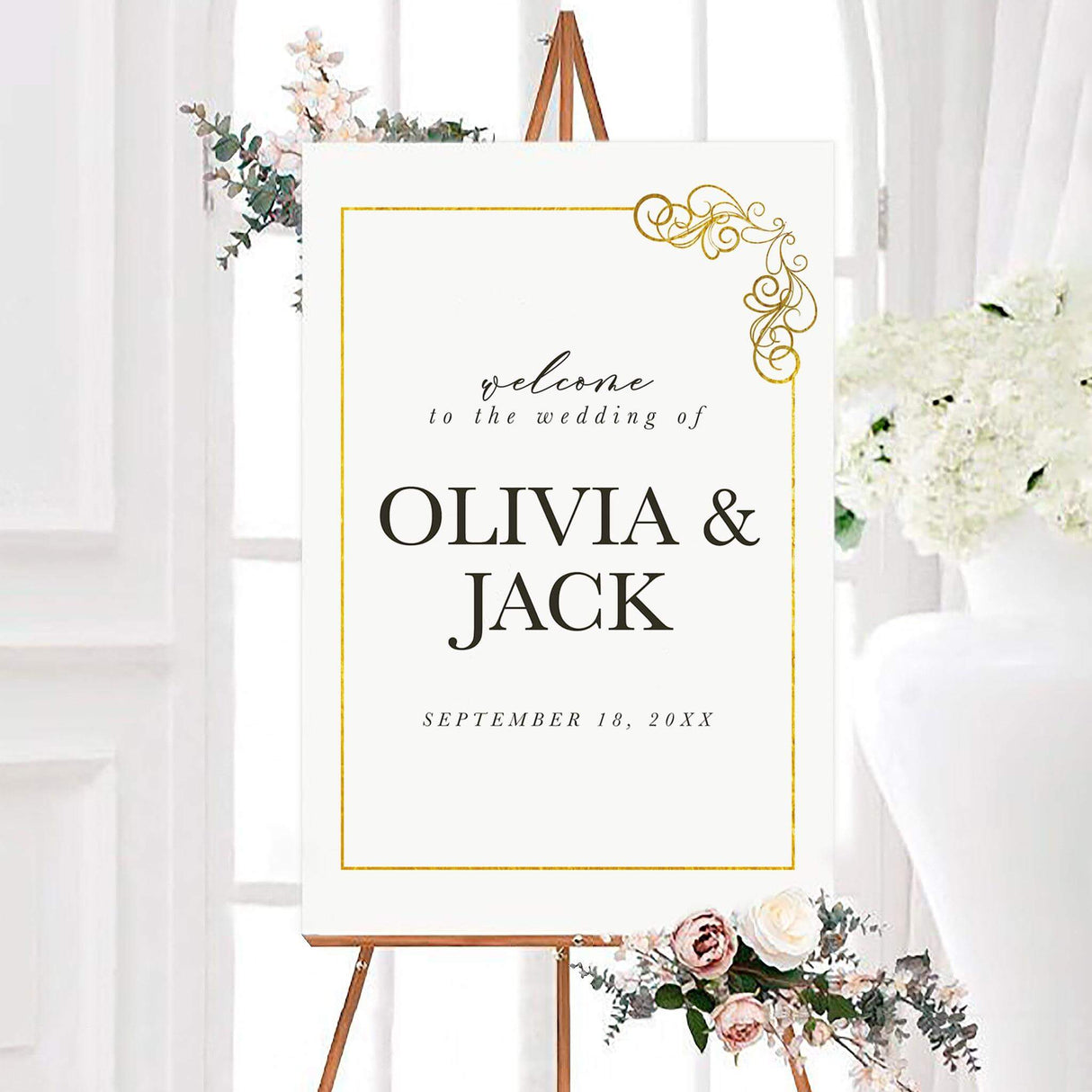 Elegant black and gold photo frame wedding welcome sign with a thin gold border and ornate corner flourish. Personalized black typography displays the couple’s names and wedding date on a white background.