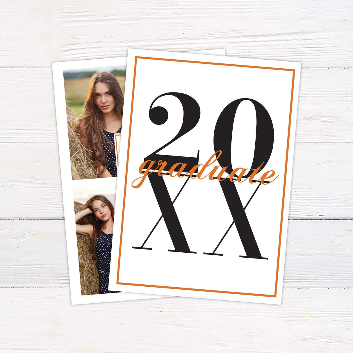 Elegant graduation invitation featuring a stylish photo grid layout with personalized details. The back showcases the graduation year in bold for a striking finish. Back Black and Orange.