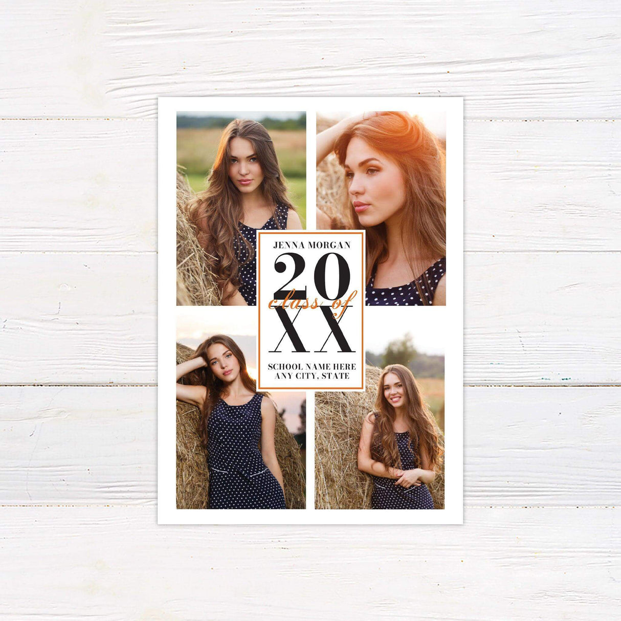 Elegant graduation invitation featuring a stylish photo grid layout with personalized details. The back showcases the graduation year in bold for a striking finish. Black and Orange.