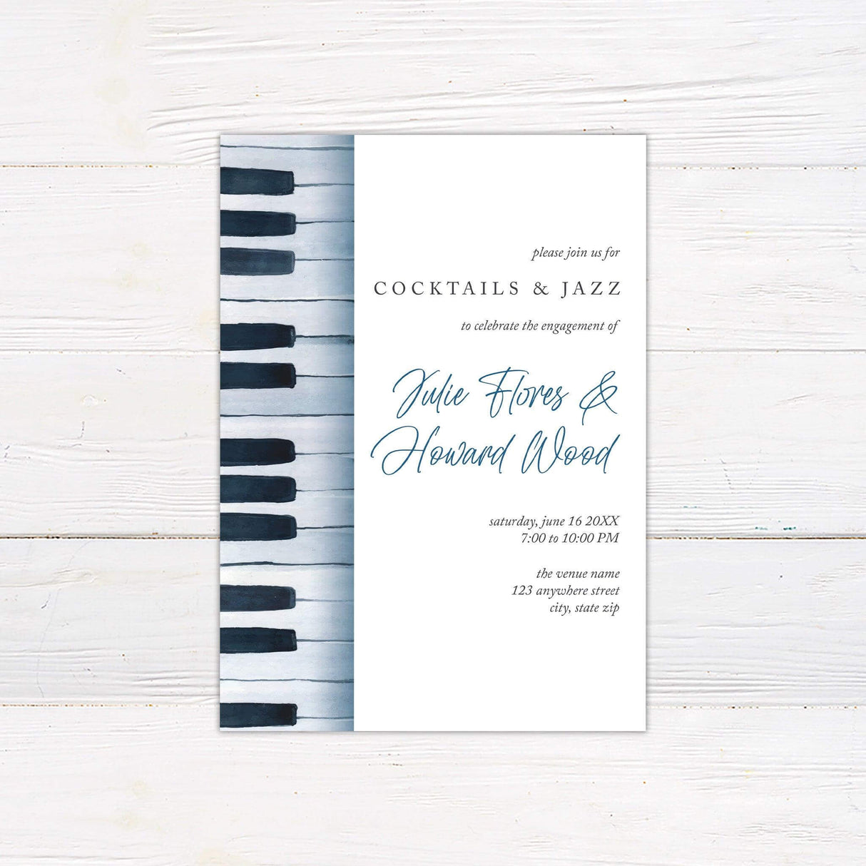 Elegant engagement invitation featuring a piano key border, with a sophisticated "Cocktails & Jazz" theme. The invitation celebrates the engagement of Julie Flores and Howard Wood, with a stylish font in blue and modern design elements. The event details include the date, time, and venue information, presented in a clean, minimalist layout.