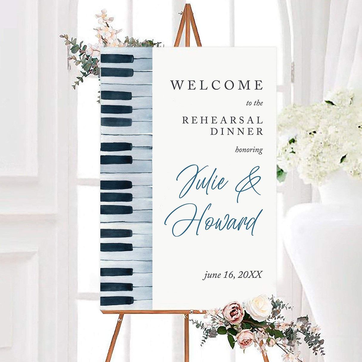 A stylish Piano Jazz rehearsal dinner sign featuring a hand-painted piano keyboard and paired with graceful typography.