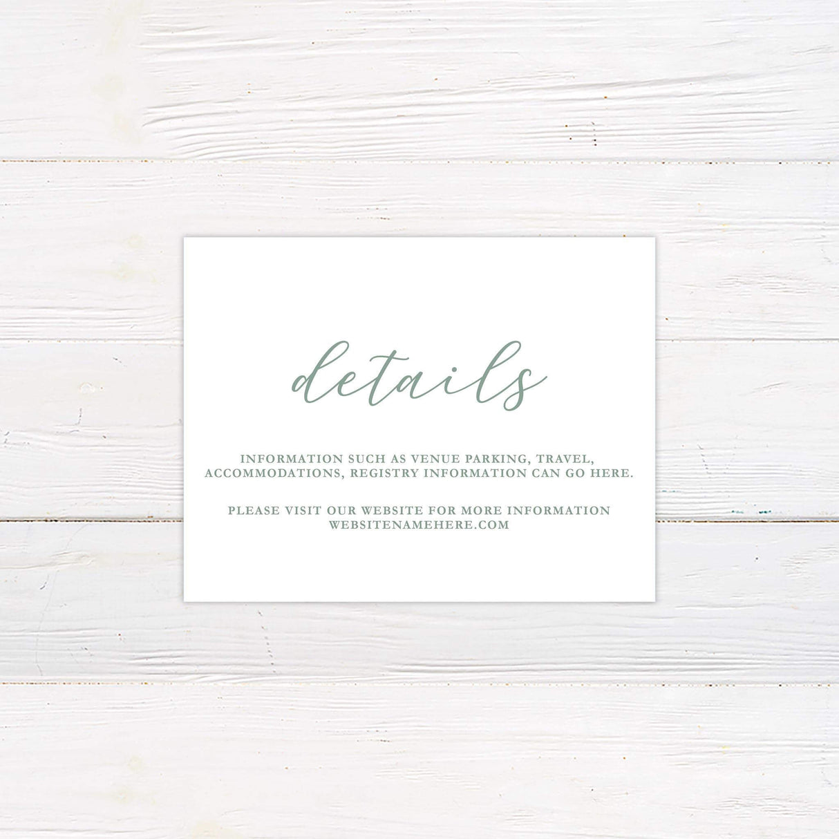Wedding detail card with coordinating minimalist green text layout.
