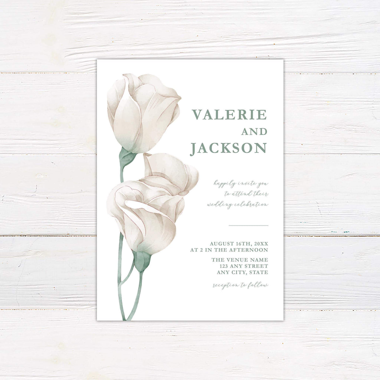Wedding invitation with white watercolor roses, soft green leaves, and elegant serif and script fonts on a minimalist white background.