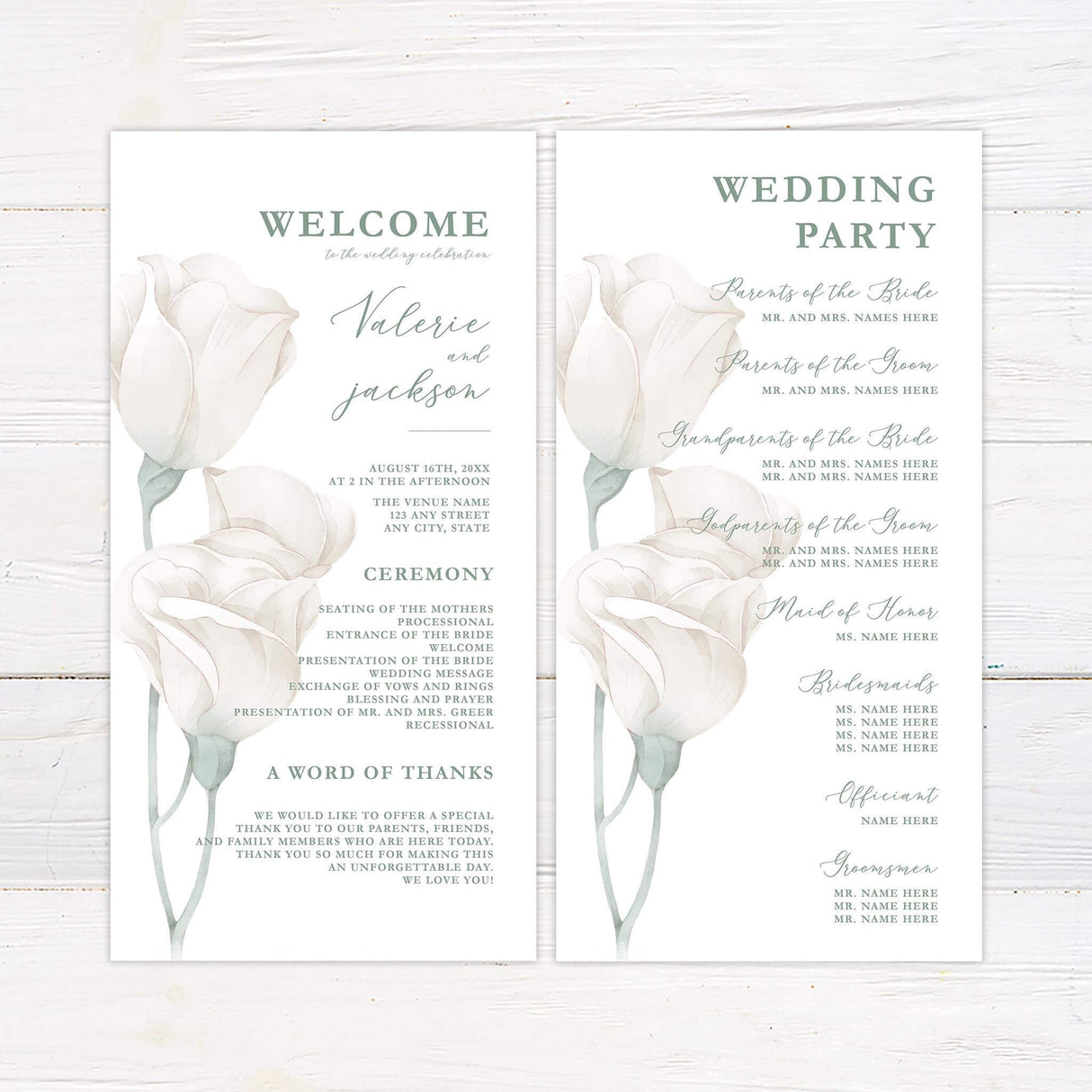 Wedding program with elegant white roses on a clean background and refined script and serif font combination.