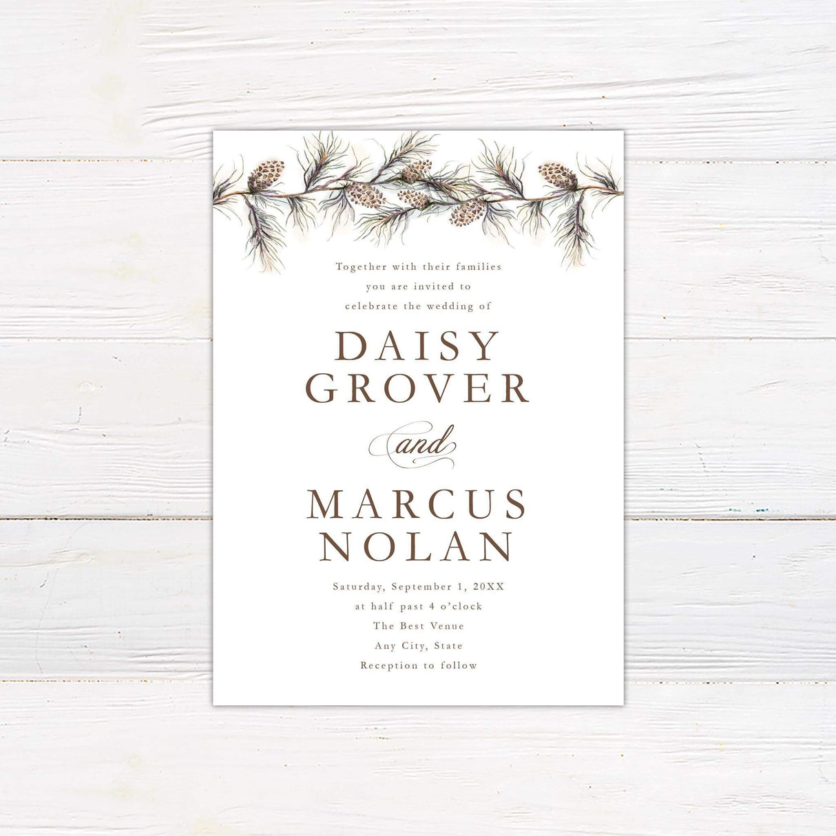 Wedding invitation with pine branch and cone illustration, neutral serif and script fonts on a clean white background