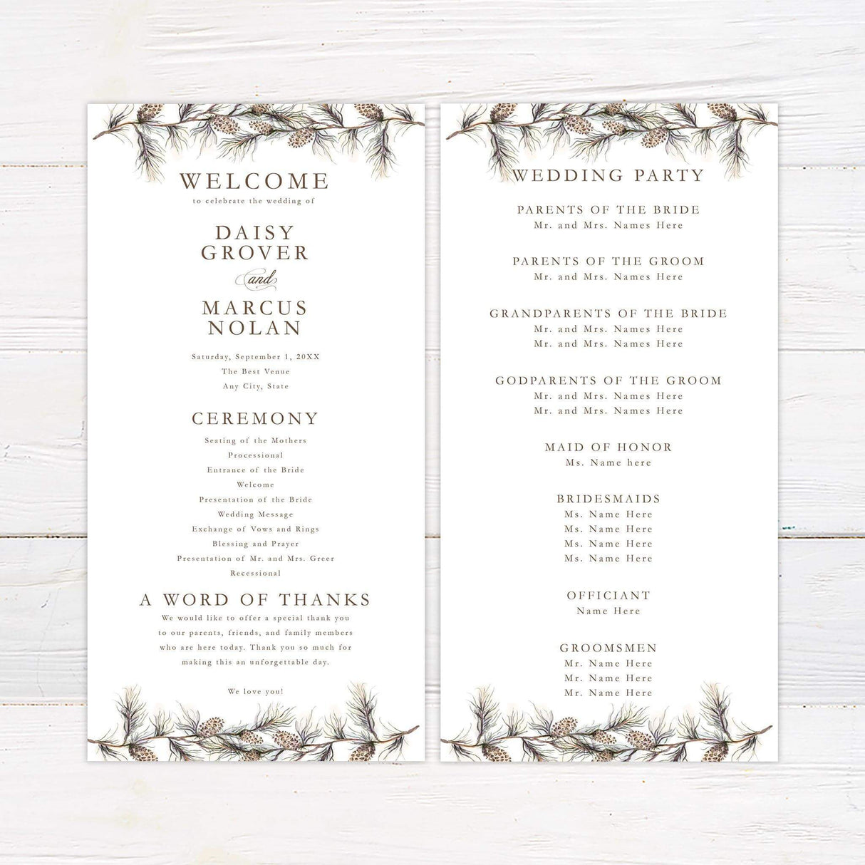 Wedding program with pine branch illustration and organized script and serif fonts on white background.