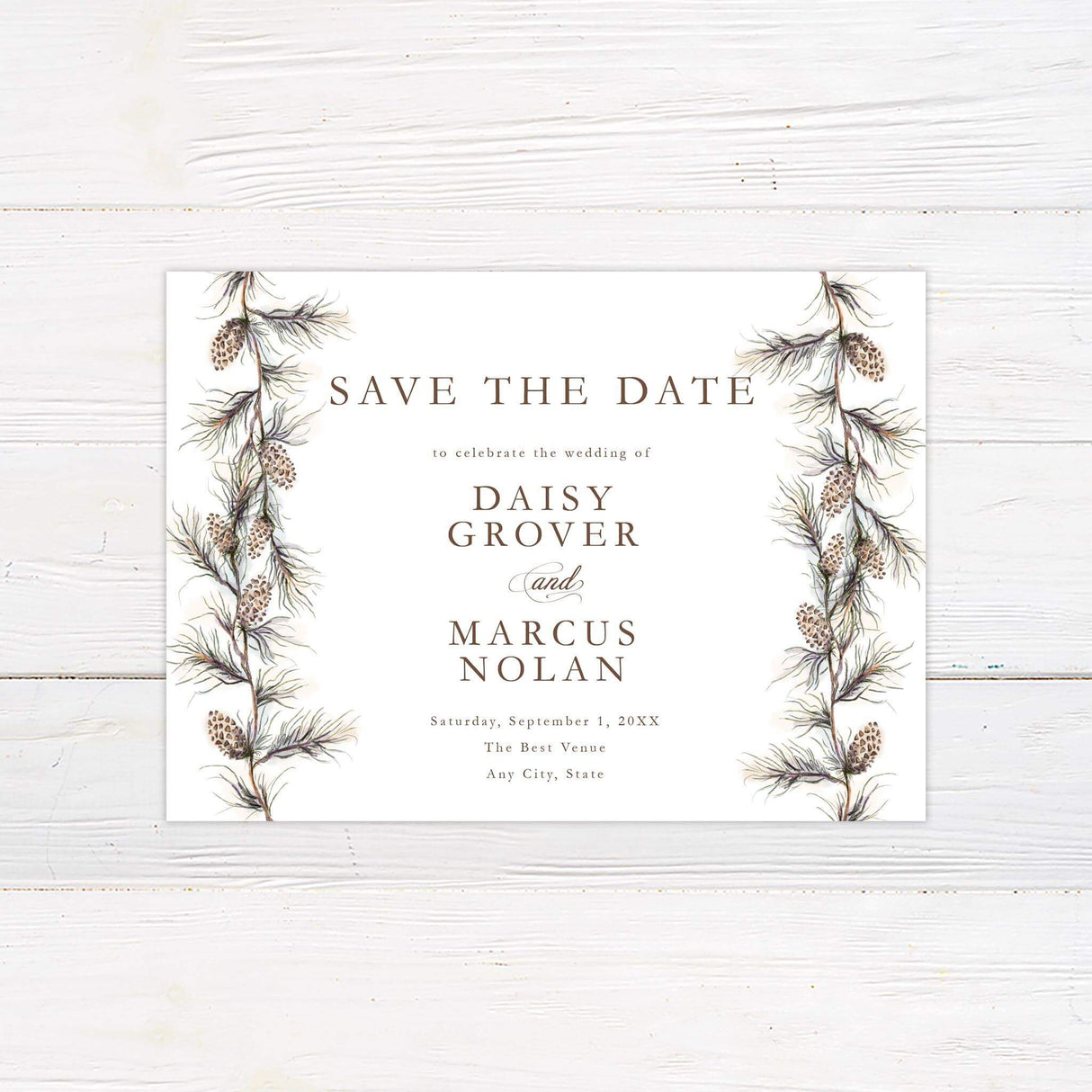 Save the date card with pine needle illustration and classic neutral fonts for a forest or mountain wedding style.