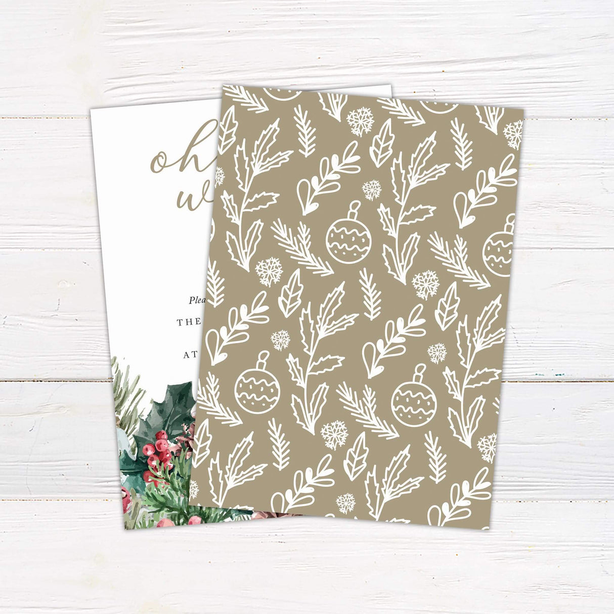 A holiday party invitation with elegant script text and festive greenery accents. The design combines a clean background with decorative seasonal elements. - back side.