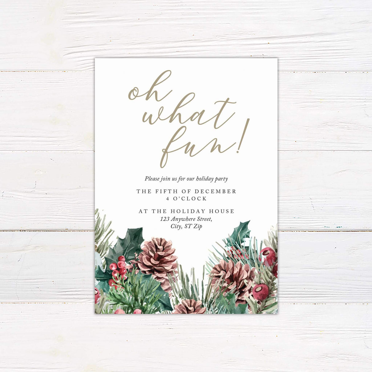 A holiday party invitation with elegant script text and festive greenery accents. The design combines a clean background with decorative seasonal elements.
