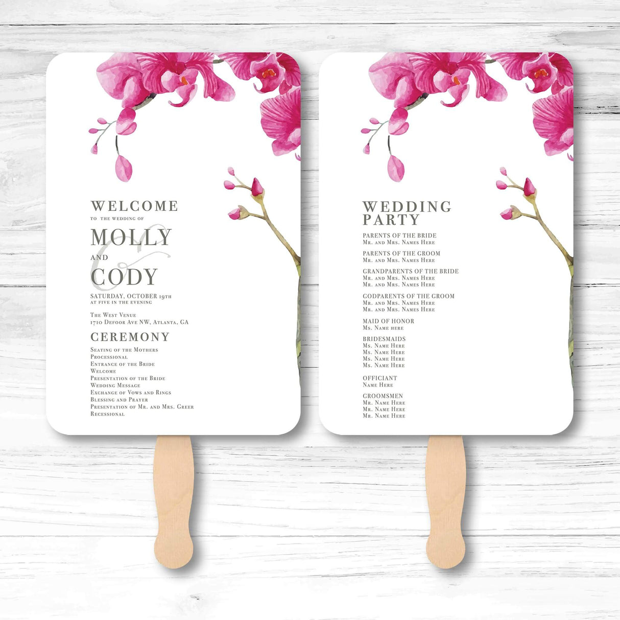 Elegant floral wedding program fan with botanical illustrations, wooden handle, and double-sided layout for ceremony and wedding party information
