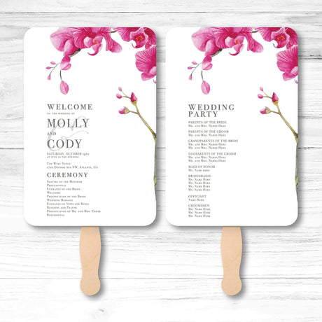 Elegant floral wedding program fan with botanical illustrations, wooden handle, and double-sided layout for ceremony and wedding party information