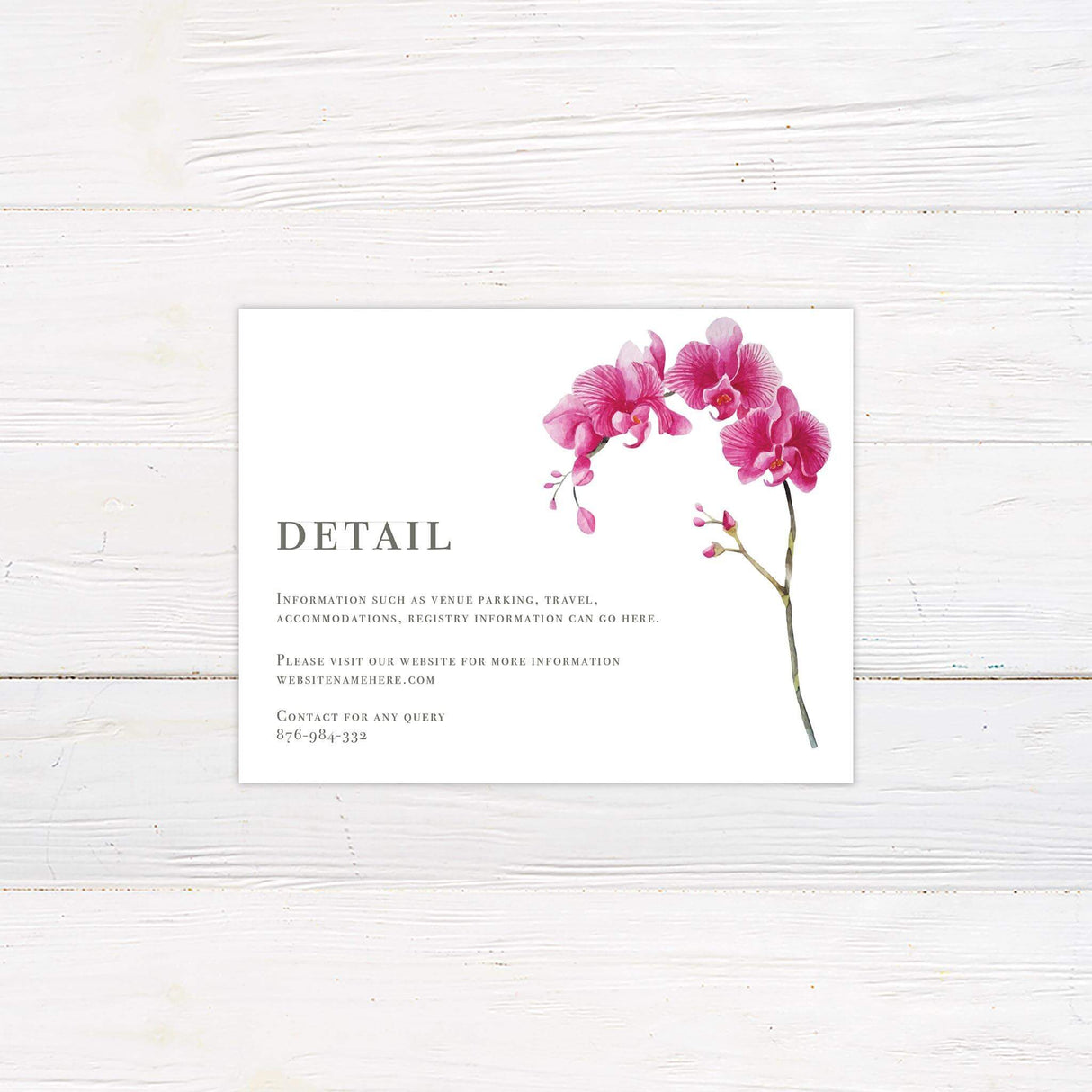Wedding details card featuring soft watercolor pink orchids with a minimalist layout, designed to share venue, accommodations, and event details in a sophisticated style.