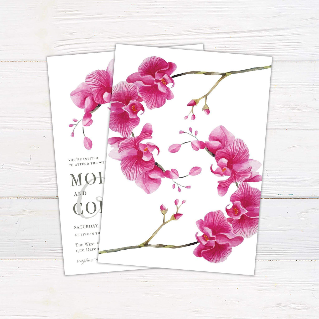 Elegant wedding invitation featuring watercolor pink orchids and a modern, minimalist design. A sophisticated floral layout perfect for tropical, romantic, and garden weddings. Back.
