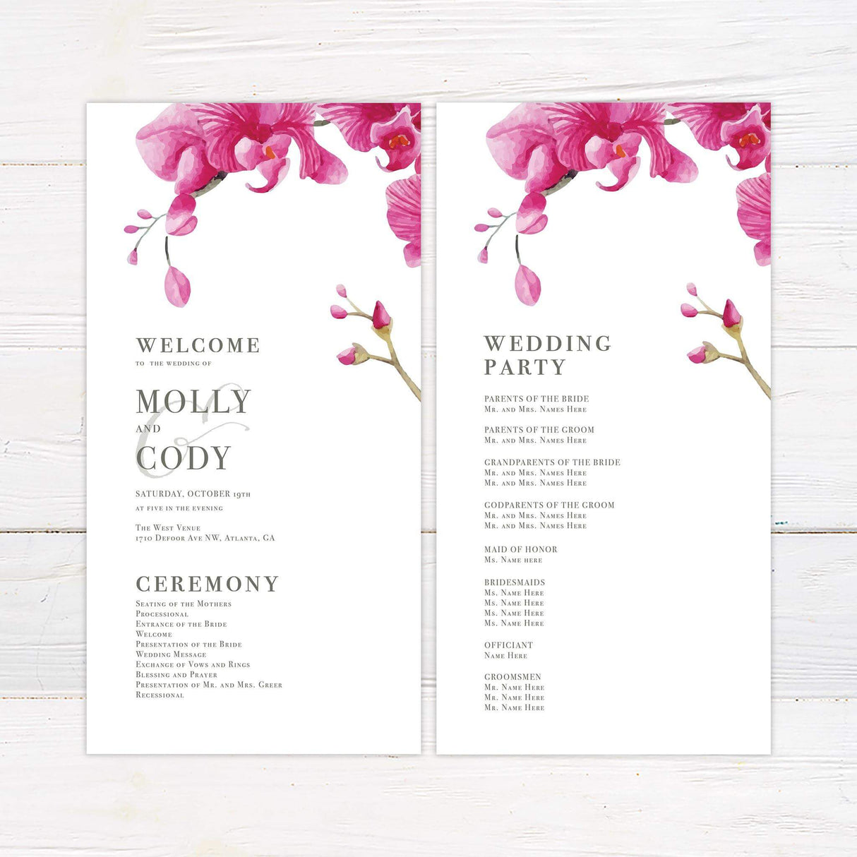 Elegant wedding program featuring delicate pink orchid watercolor artwork with a refined, modern layout for listing ceremony details, wedding party names, and special notes.