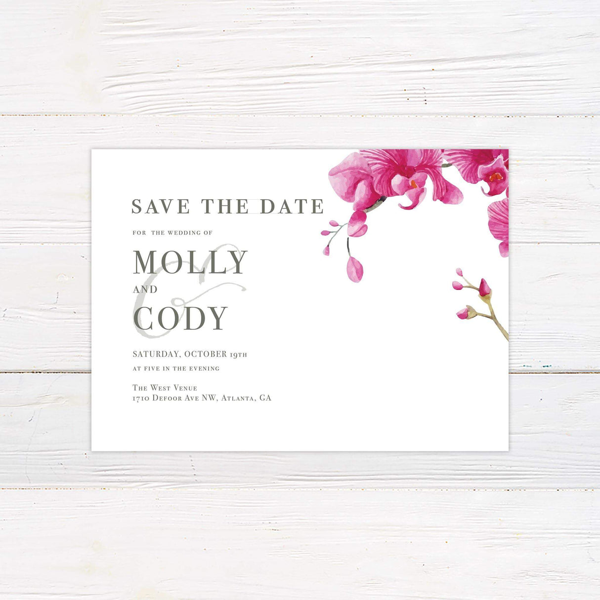 Elegant Save the Date card featuring watercolor pink orchids and modern typography. A romantic and sophisticated design, perfect for tropical, garden, or destination weddings.