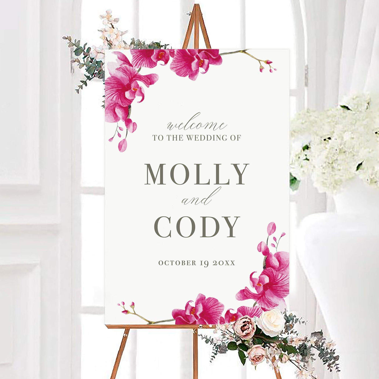 Elegant pink blossom wedding welcome sign with vibrant pink watercolor orchids decorating opposite corners. The white design features personalized couple names and a wedding date in gray typography.