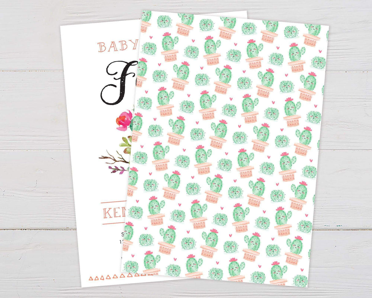 A baby shower invitation with a white background features a festive watercolor design of cacti, succulents, and vibrant flowers. The word "Fiesta" is prominently displayed in bold, playful script, with additional text in decorative fonts for a fun and lively feel. Event details, including the date, time, and location, are clearly presented in a structured layout. This design exudes a colorful and cheerful vibe, perfect for a fiesta or southwestern-themed baby shower celebration. Back