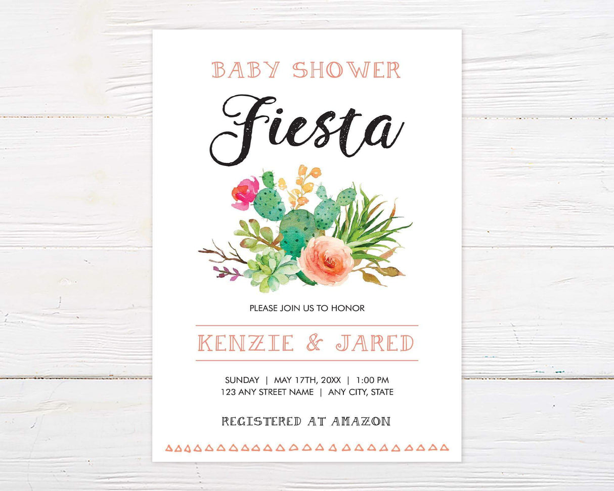 A baby shower invitation with a white background features a festive watercolor design of cacti, succulents, and vibrant flowers. The word "Fiesta" is prominently displayed in bold, playful script, with additional text in decorative fonts for a fun and lively feel. Event details, including the date, time, and location, are clearly presented in a structured layout. This design exudes a colorful and cheerful vibe, perfect for a fiesta or southwestern-themed baby shower celebration.