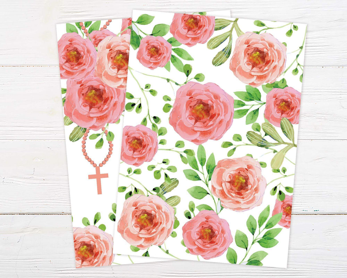 A pink cross floral invitation with watercolor flowers and a cross design. The layout features soft colors and elegant text. - back.