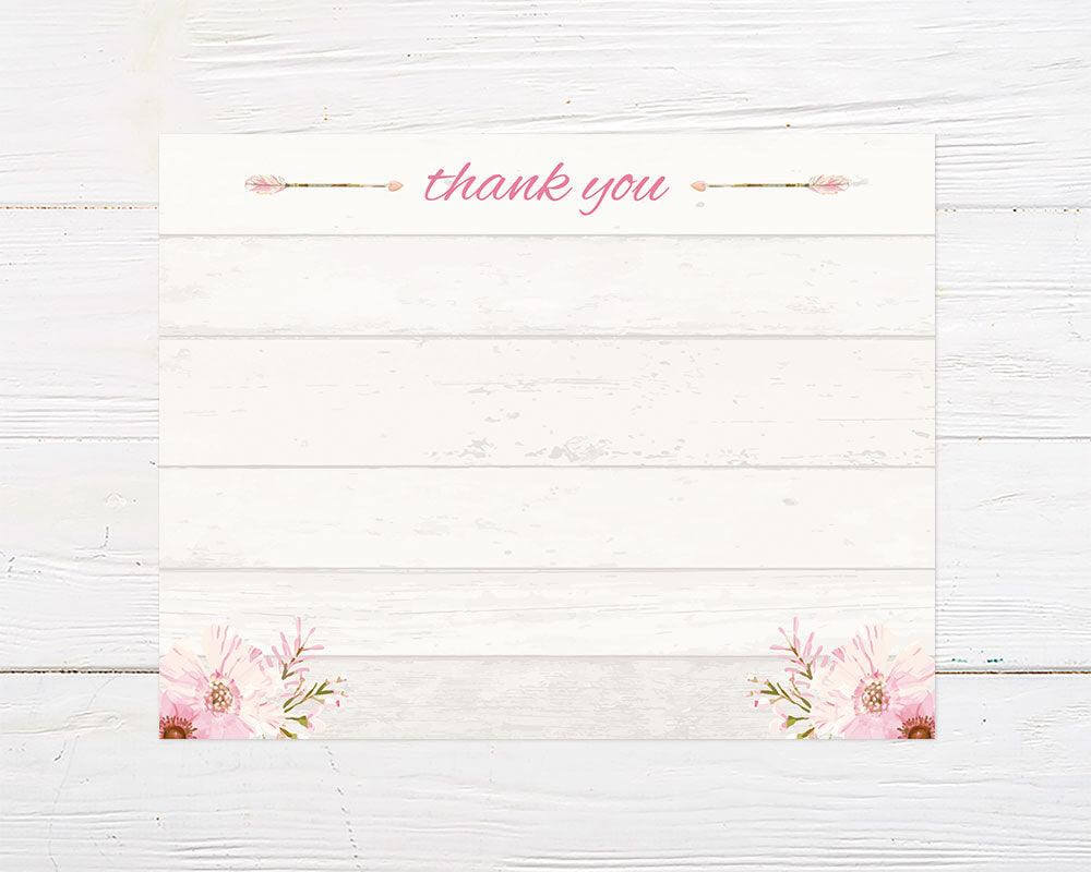 A pink dream catcher floral bridal shower thank you card with a dream catcher and soft watercolor flowers. The design features a light wood background with blush floral accents.