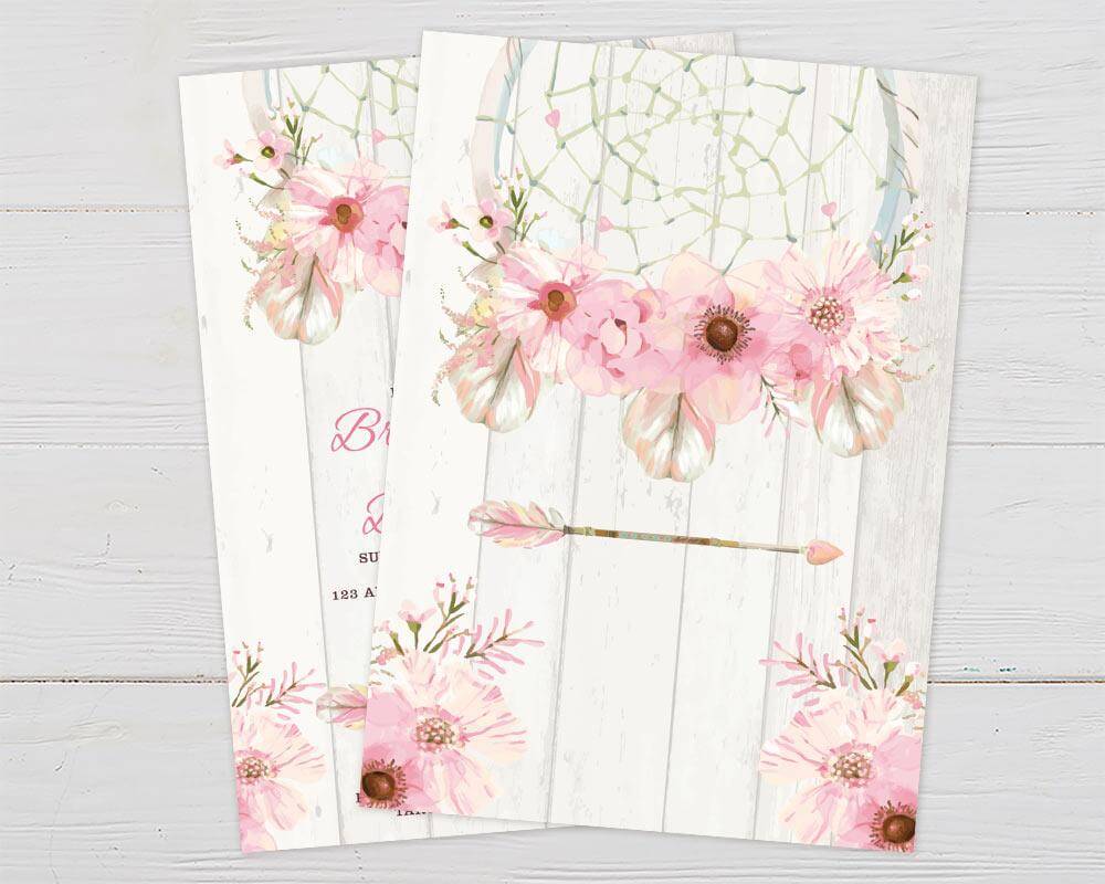 A pink dream catcher floral bridal shower invitation with a dream catcher and soft watercolor flowers. The design features a light wood background with blush floral accents. - back.