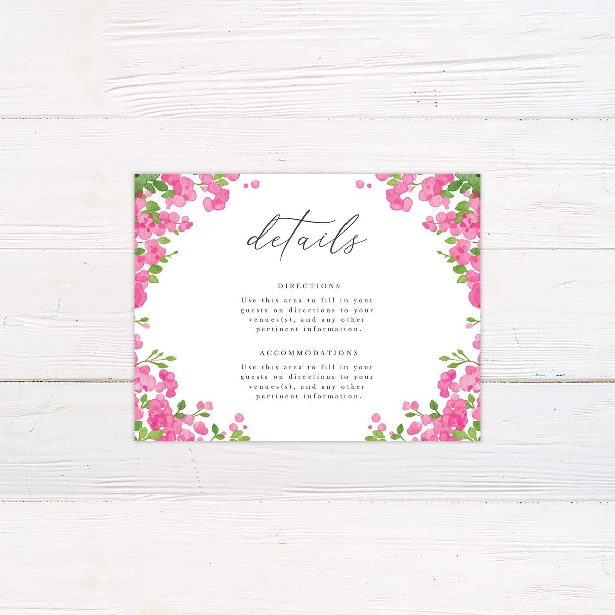 Wedding detail card with matching pink floral arch accents and soft serif and script typography.