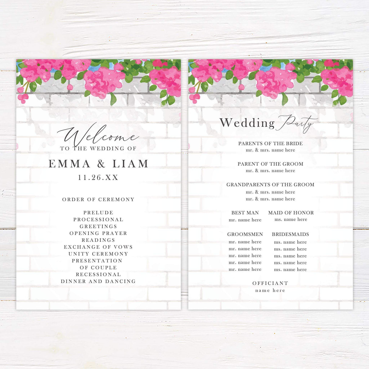 Wedding program featuring cascading pink florals and a balanced serif layout on white background.