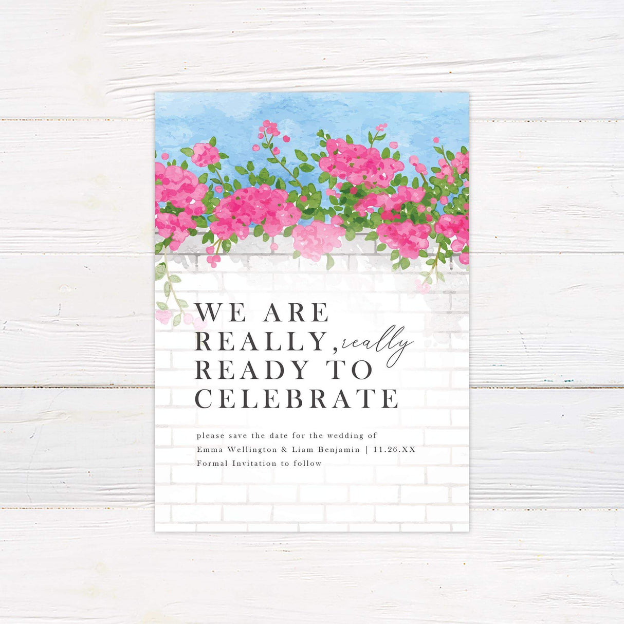 Save the Date card with vibrant pink watercolor florals and romantic script accents for a garden wedding.