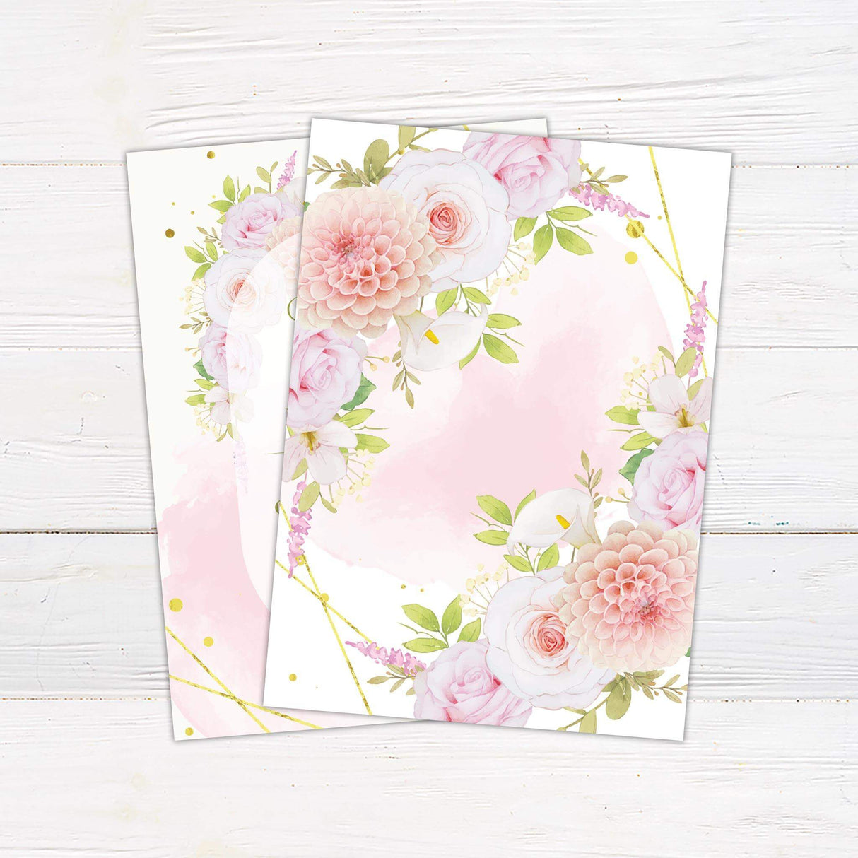 Blush pink floral wedding invitation with watercolor border, soft roses and gold accents, featuring arch-shaped white panel and elegant fonts.- back side