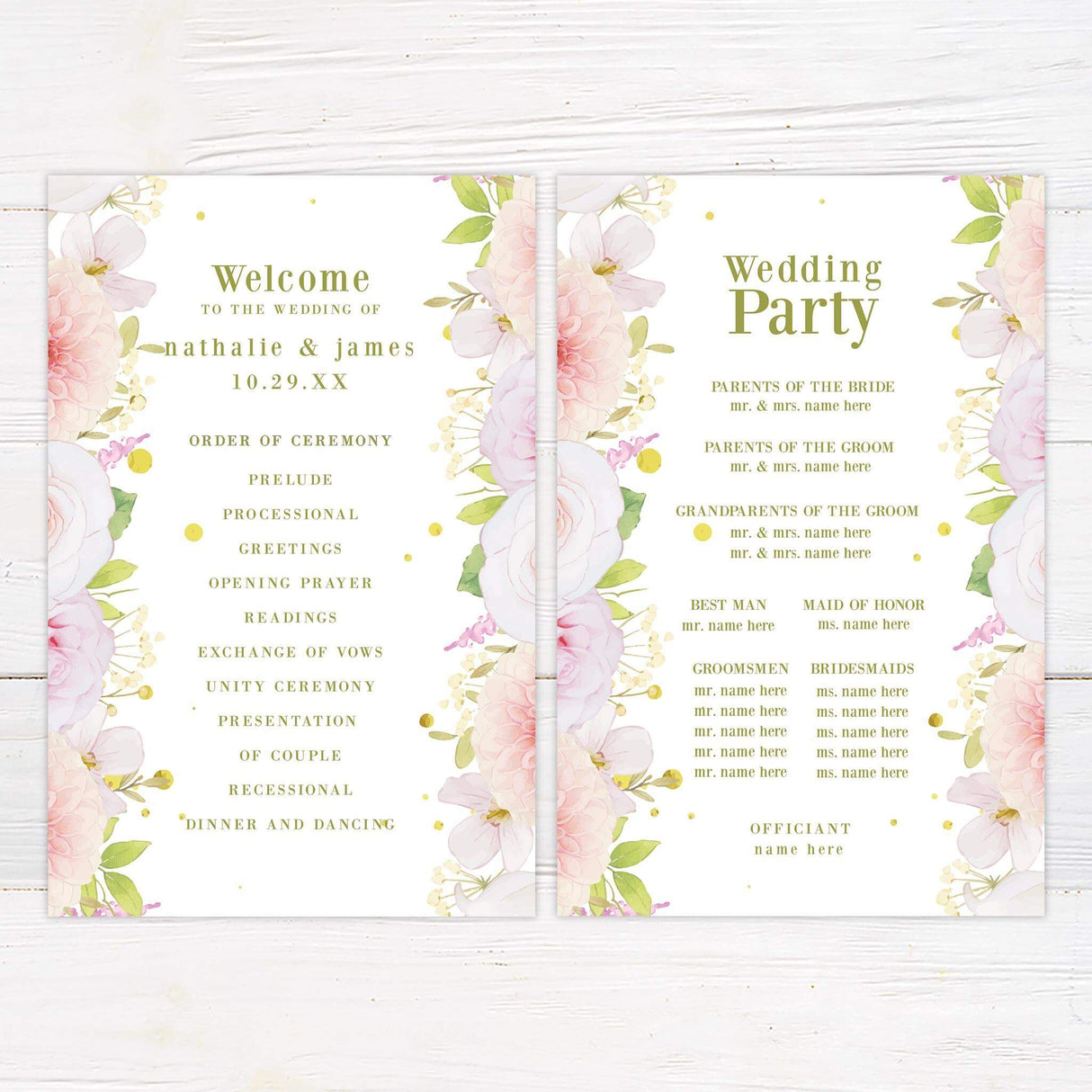 Wedding program with coordinated pink watercolor florals, delicate gold details, and arch design.