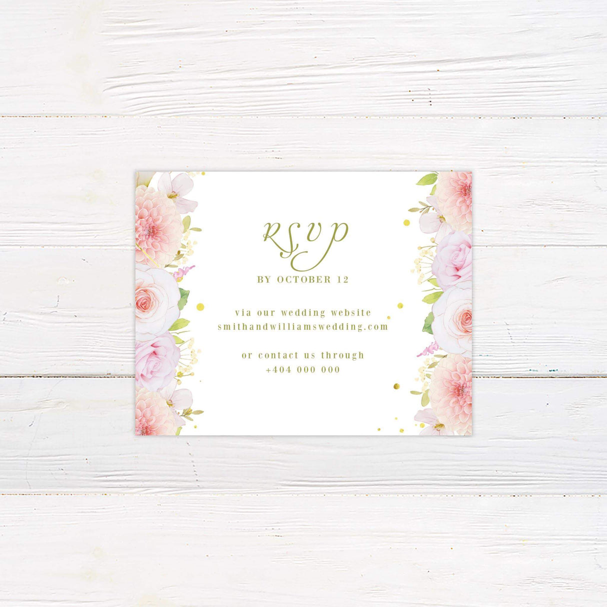 RSVP card with blush pink watercolor florals and gold detailing on a clean white background.